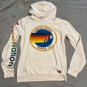 $196 AVIATOR NATION Logo Sweatshirt Hoodie in VINTAGE WHITE Size Large